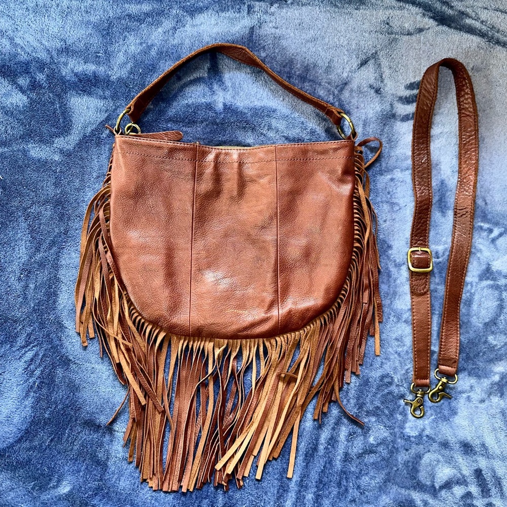 Brown leather crossbody fringe purse